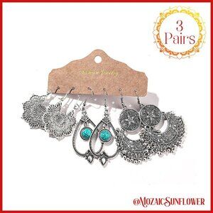 3 Pair Boho Exotic Antiqued Silver Hoops